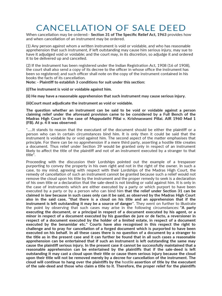 Cancellation of Sale Deed PDF Lawsuit Property
