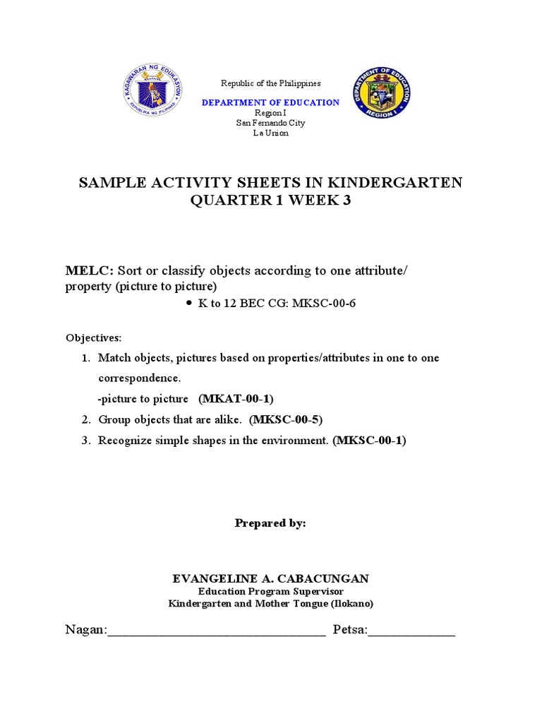 Kindergarten Activity Sheets Week 3 | PDF