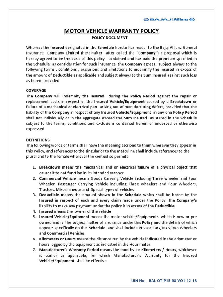 Motor Vehicle Extended Warranty PDF Insurance Deductible