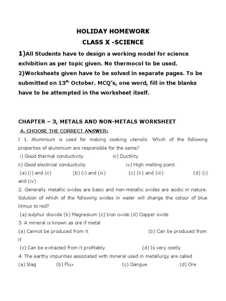 science holiday homework class 10