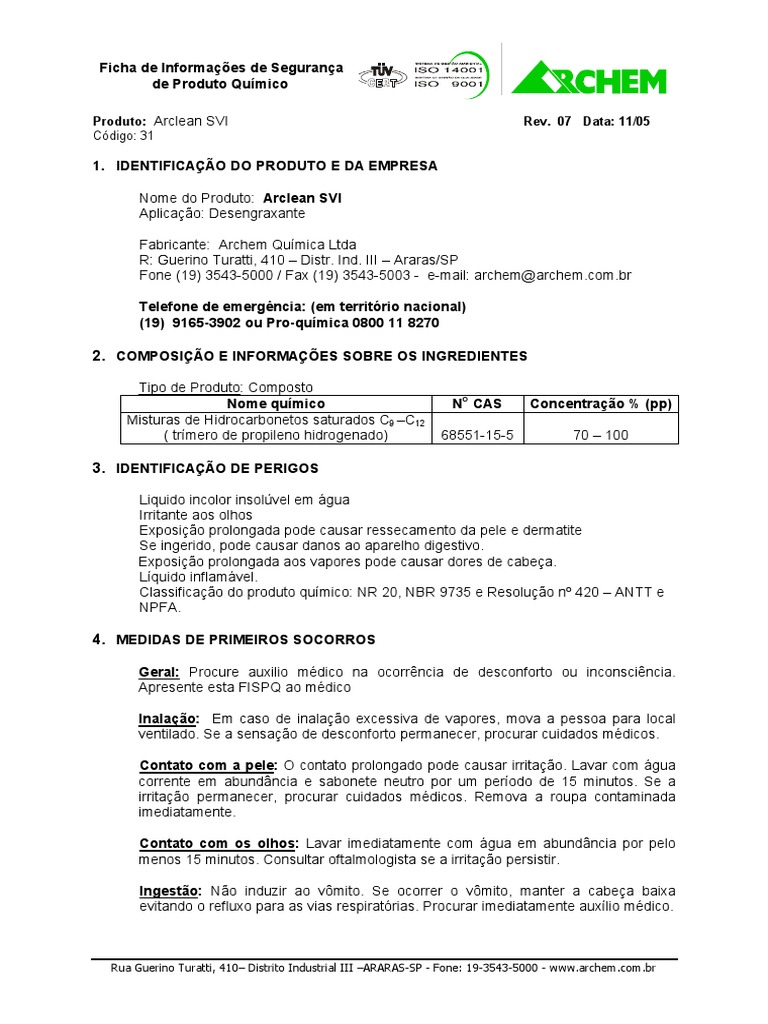 Ficha de Segurança do Arclean SVI | PDF | Ciências e Matemática