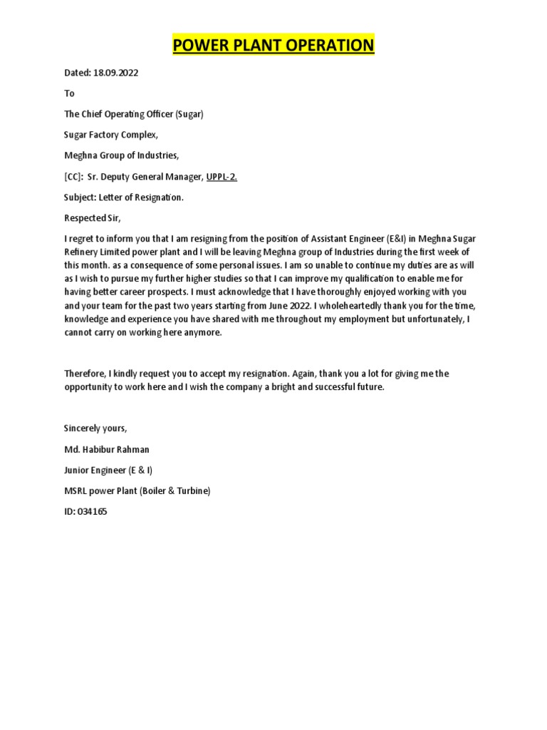 Resignation Letter from Junior Engineer | PDF | Energy Technology | Steam  Power, image size:768x1024