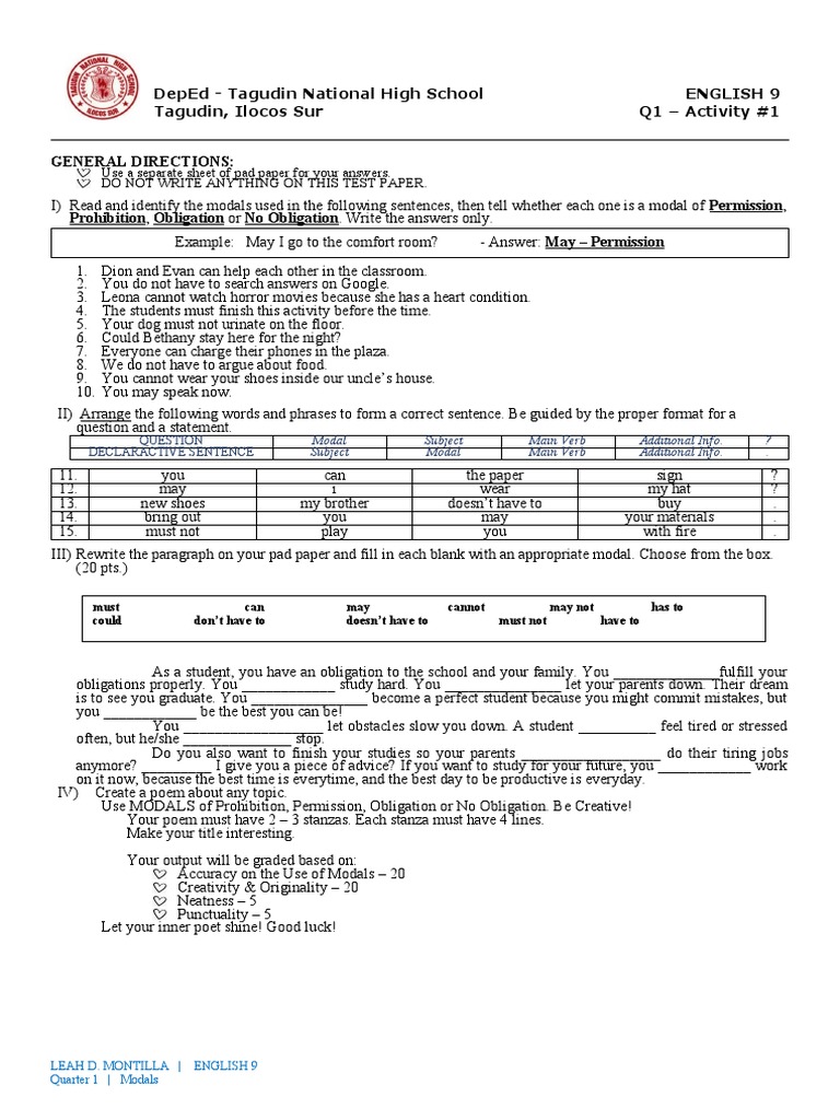Modal Analysis Identifying Modals Of Permission Prohibition