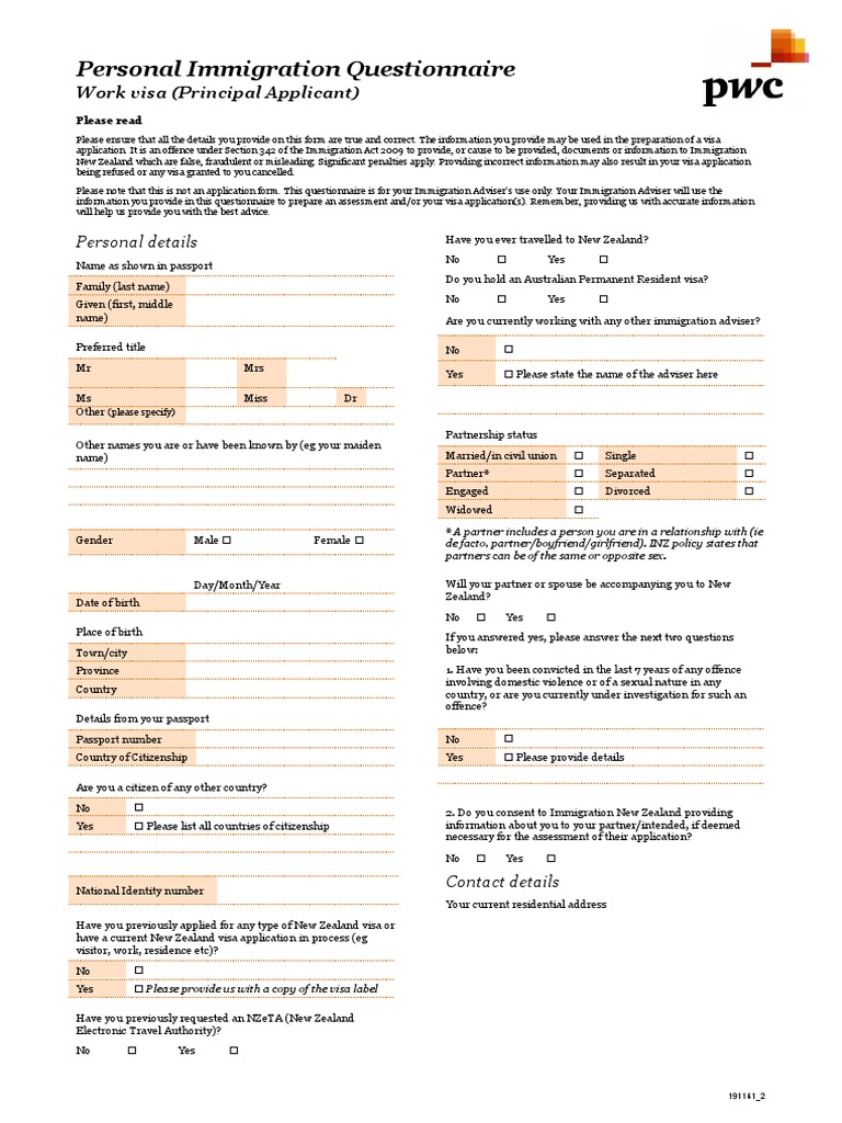Questionnaire AEWV Work Visa Principal Applicant | PDF | Travel Visa ...