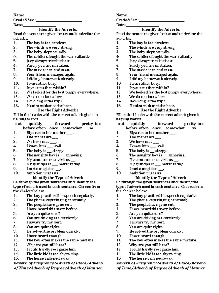 Adverbs Worksheet G8 | PDF | Adverb | Linguistics