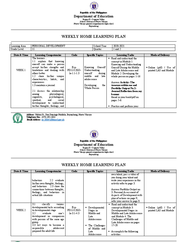 Weekly Home Learning Plan: Personal Development | PDF | Learning ...