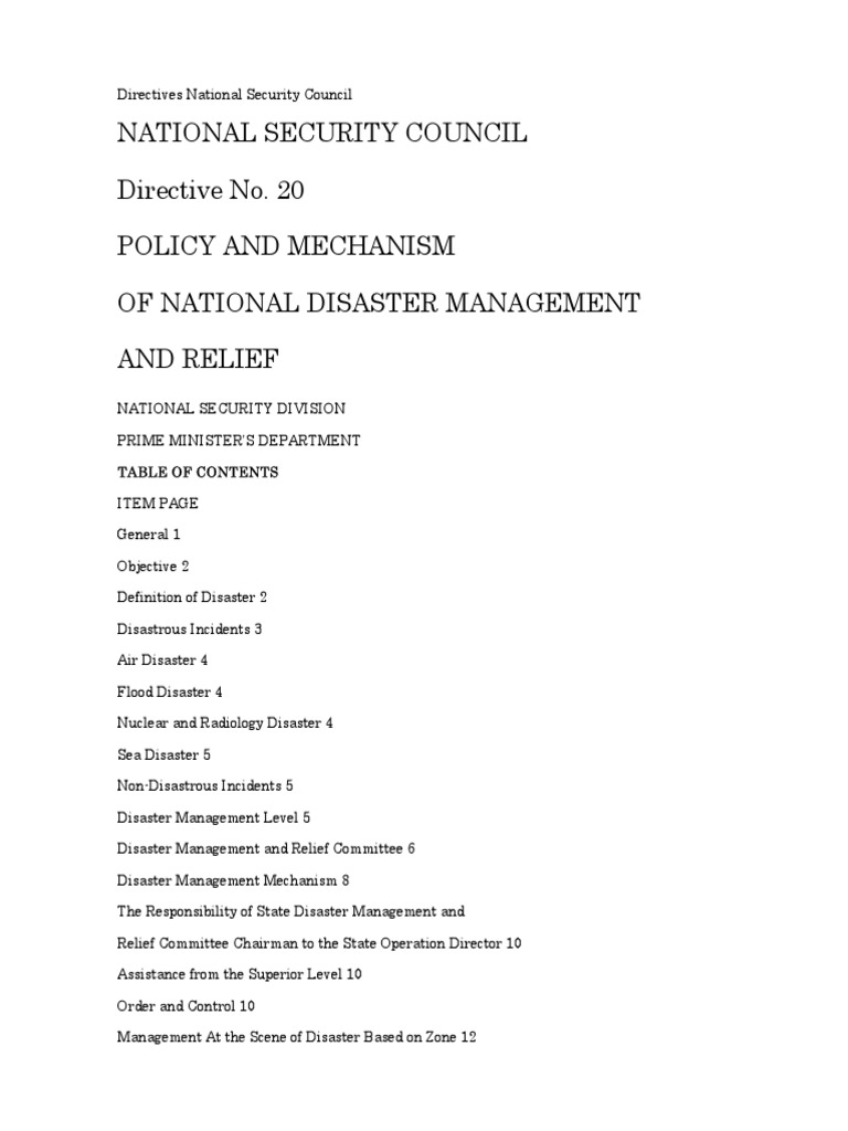 National Security Council Directive No. 20 Comprehensive Policy and Mechanism for National