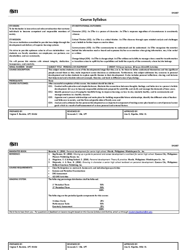 SH1687 Syllabus and Course Outline | PDF