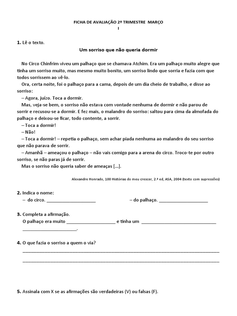 Ficha de Avaliacao Portugues 2 Ano 2 Trimestre Marco | PDF | Linguística