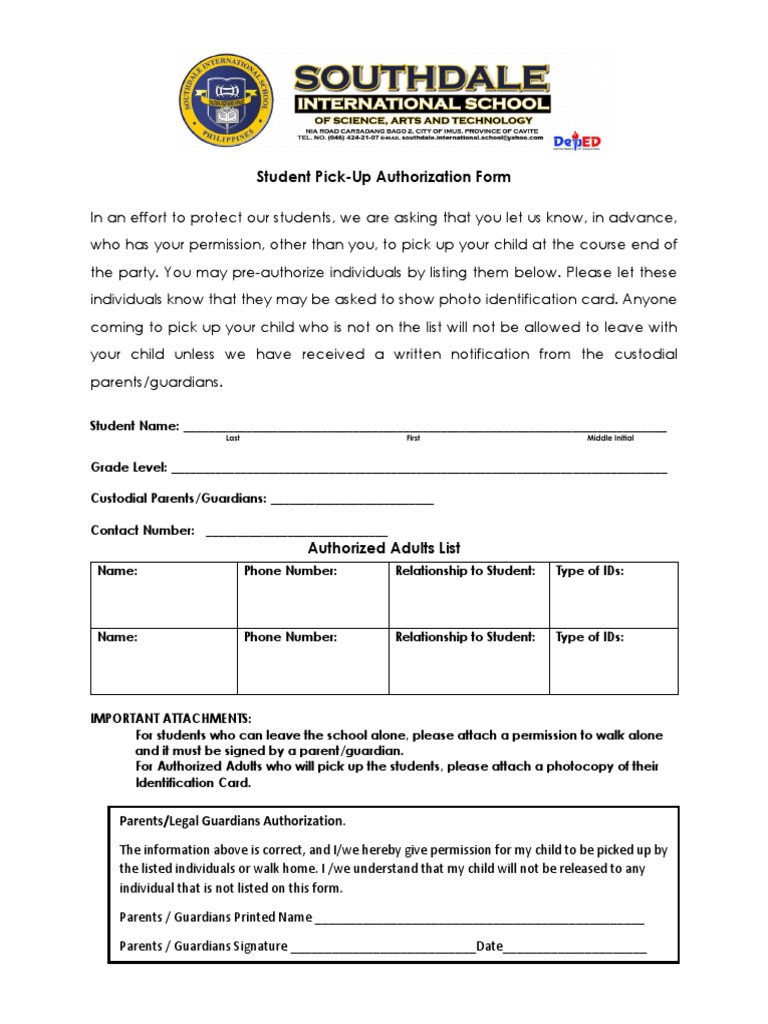 Student Pick Up Letter | PDF