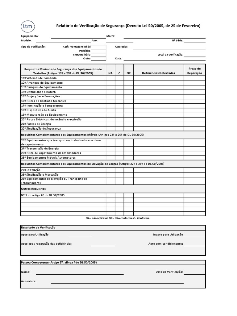Ficha Verificacao Equipamentos Trabalho DL 50 2005 | PDF