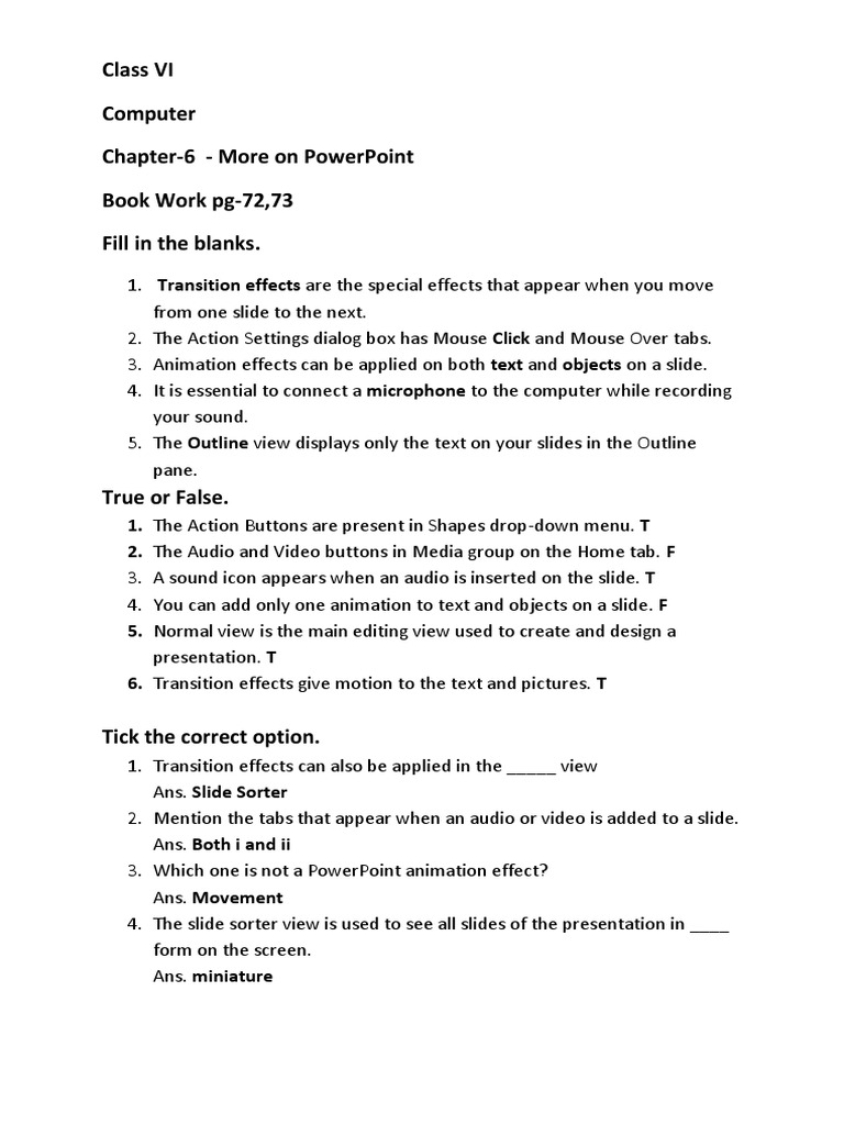 Class Vi Computer Chapter-6 - More On Powerpoint Book Work Pg-72,73 ...