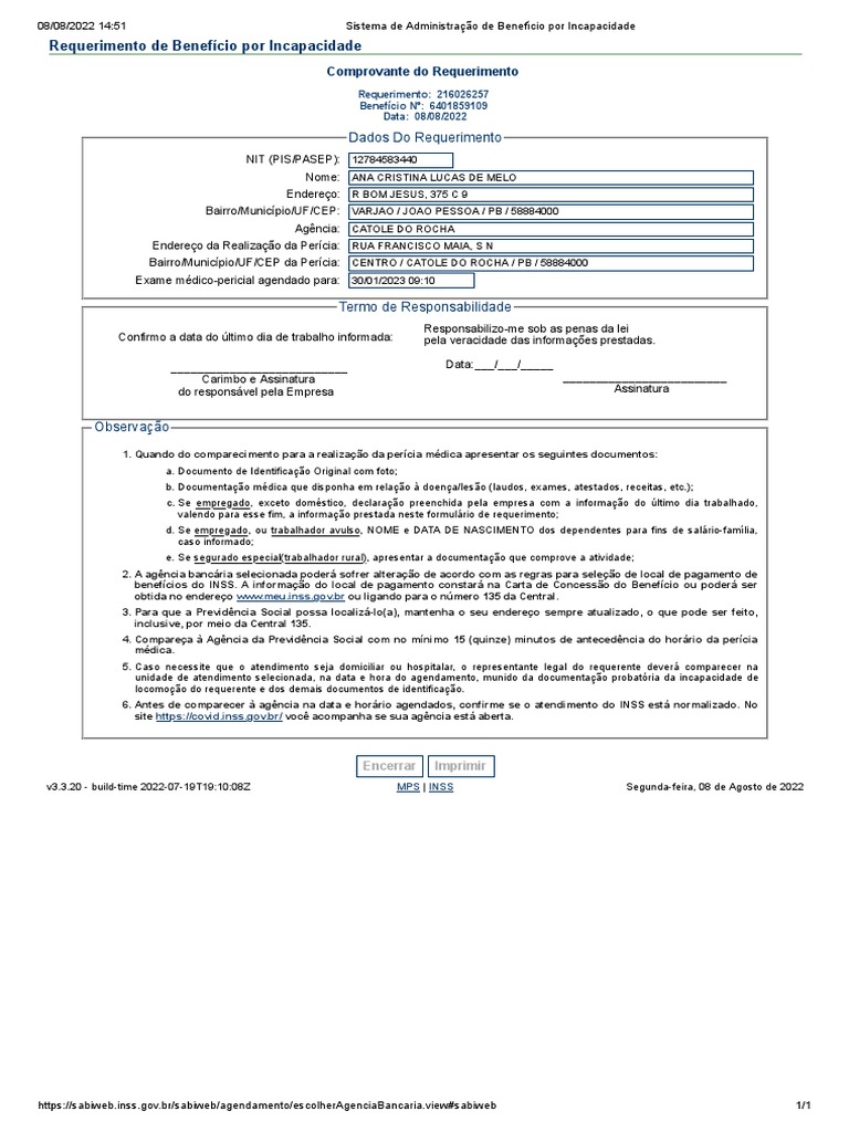 Requerimento de Benefício por Incapacidade | PDF