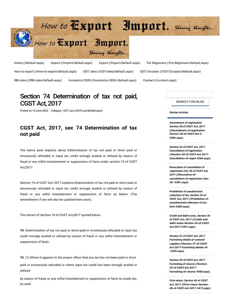 Section 74 Determination of Tax Not Paid, CGST Act, 2017 | PDF ...