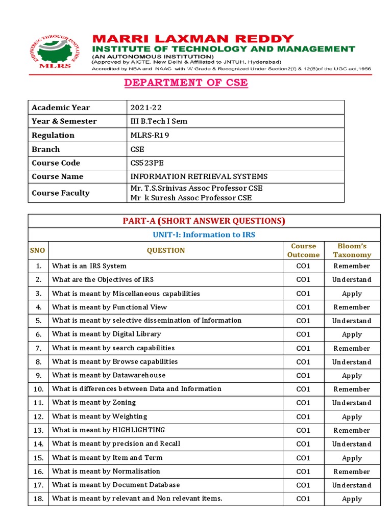 AUTONOMOUS B.TECH QUESTION BANK 202122 in IRS As On 3101 PDF
