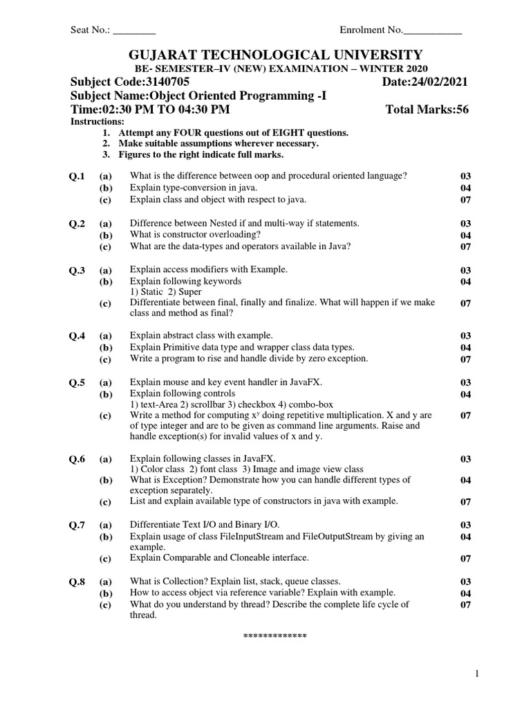 Object Oriented Programming Exam Questions Covering Key Java Concepts ...