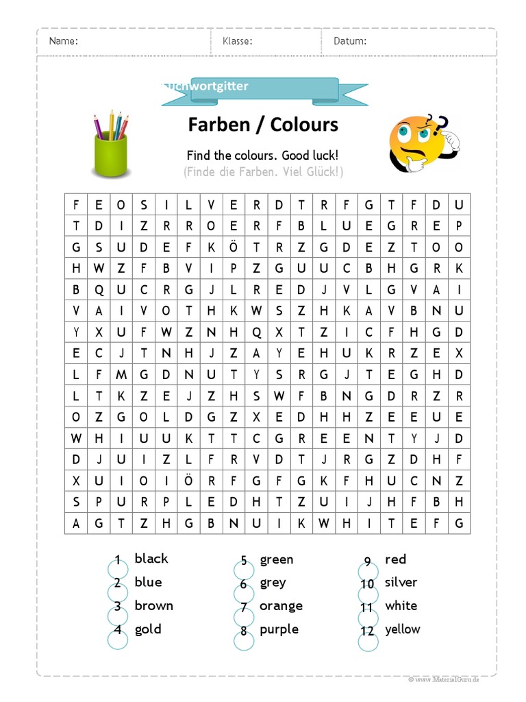 Arbeitsblatt Englisch Farben Suchwortgitter | PDF