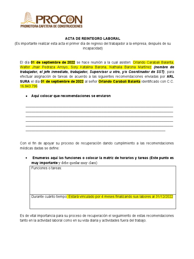 Acta de Reintegro Laboral por Incapacidad | PDF | Negocios | Finanzas y ...