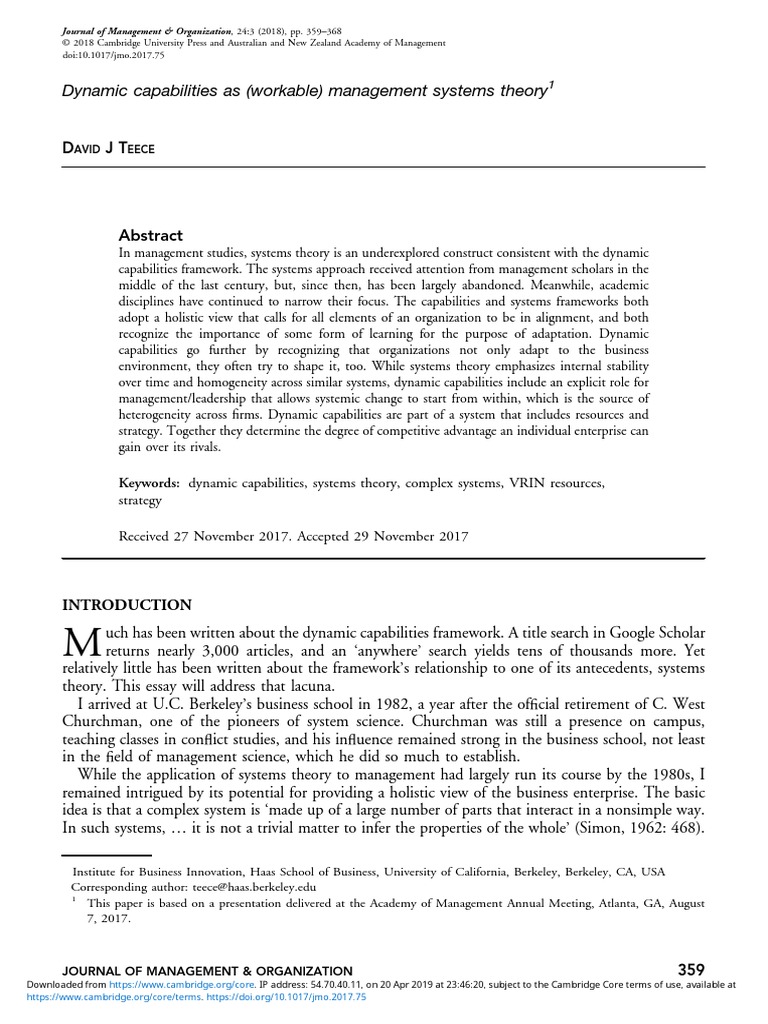 Dynamic Capabilities As Management Systems Theory | PDF | Strategic ...