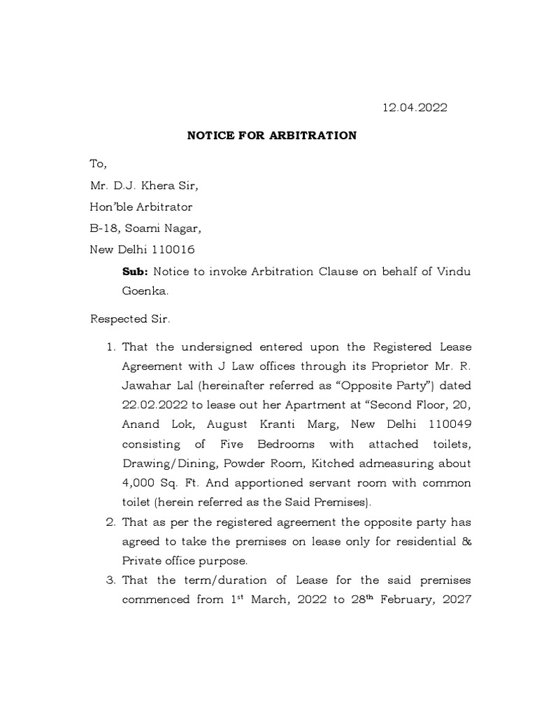 Arbitration Notice for Lease Dispute | PDF | Lease | Arbitration