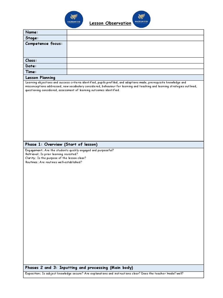 Lesson Observation Template 2022-23 | PDF
