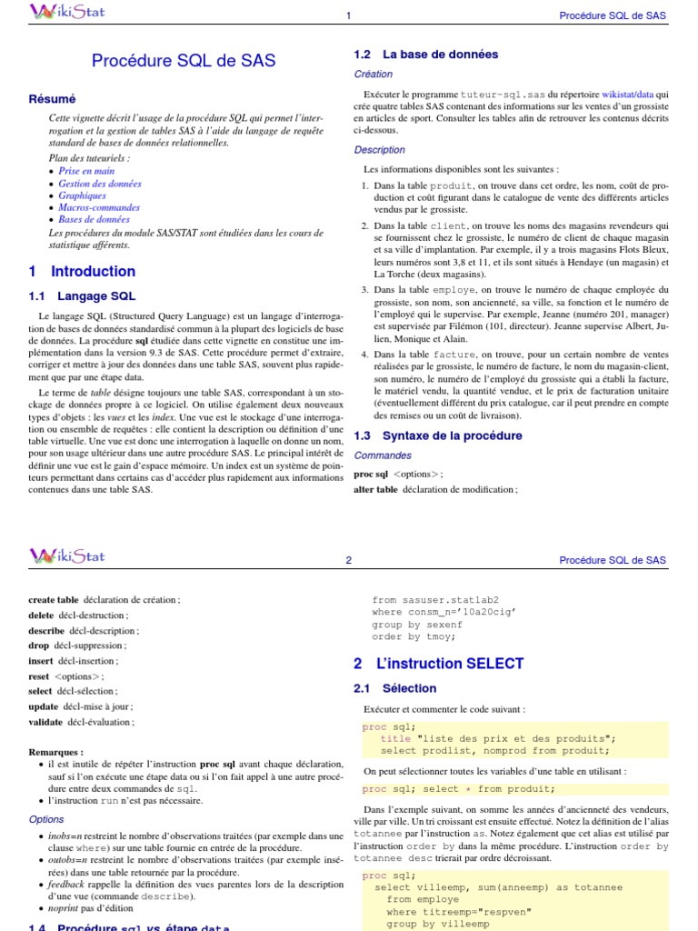 Procédure SQL dans SAS: Guide Complet | PDF | SQL | Informatique