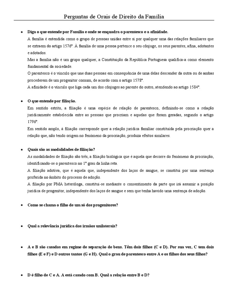Questões de Direito da Família e Filiação | PDF | Direito