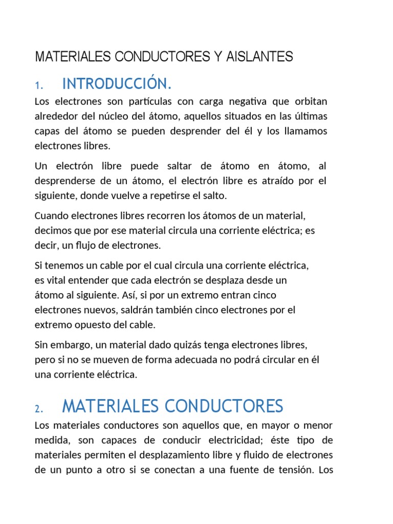 Materiales Conductores y Aislantes Eléctricos | PDF | Ciencia y matemáticas