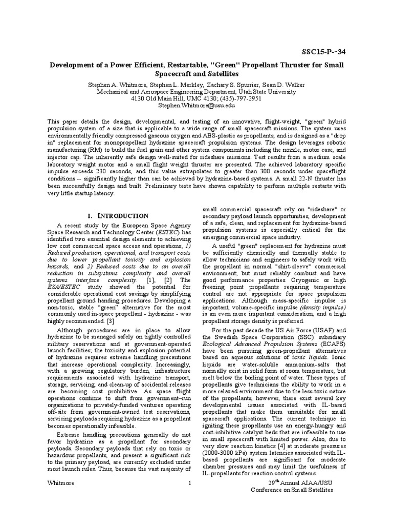 Development of a power efficient restartable green propellant for small