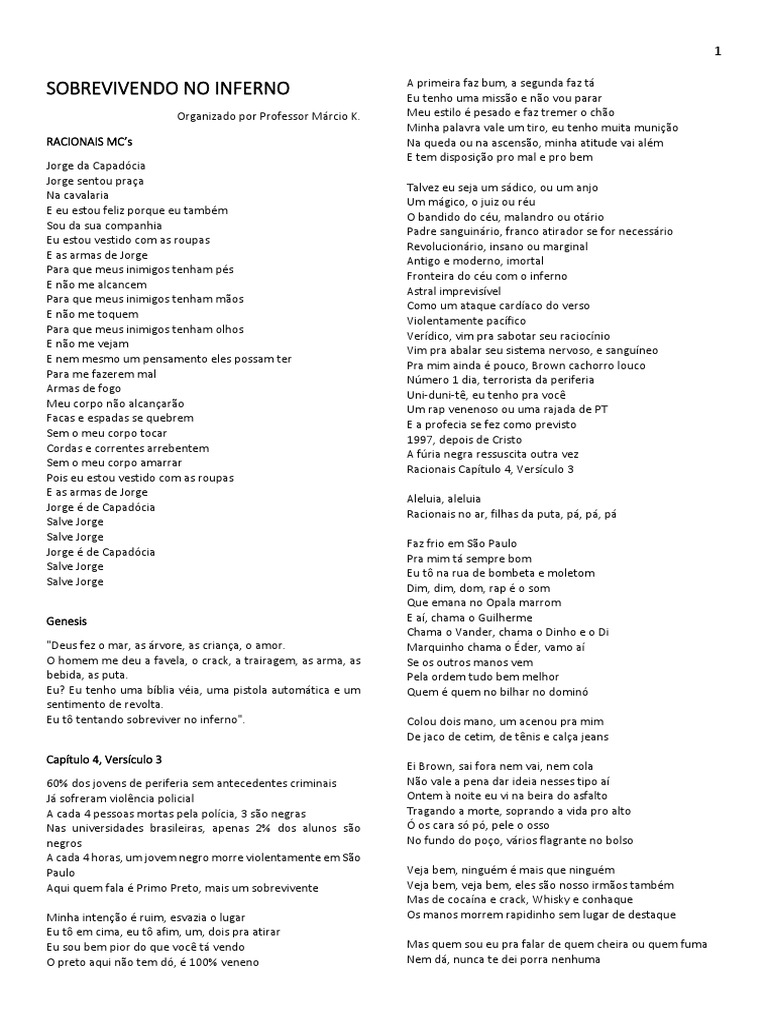 Sobrevivendo No Inferno (Letras) - Racionais MC'S | PDF | Dinheiro | Mulher
