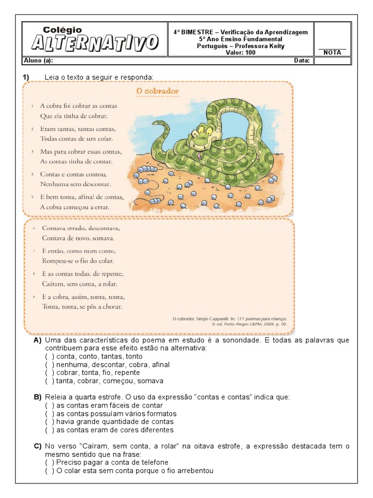 Prova de Portugues 4º Bimestre | PDF | Artes Linguísticas e Disciplina