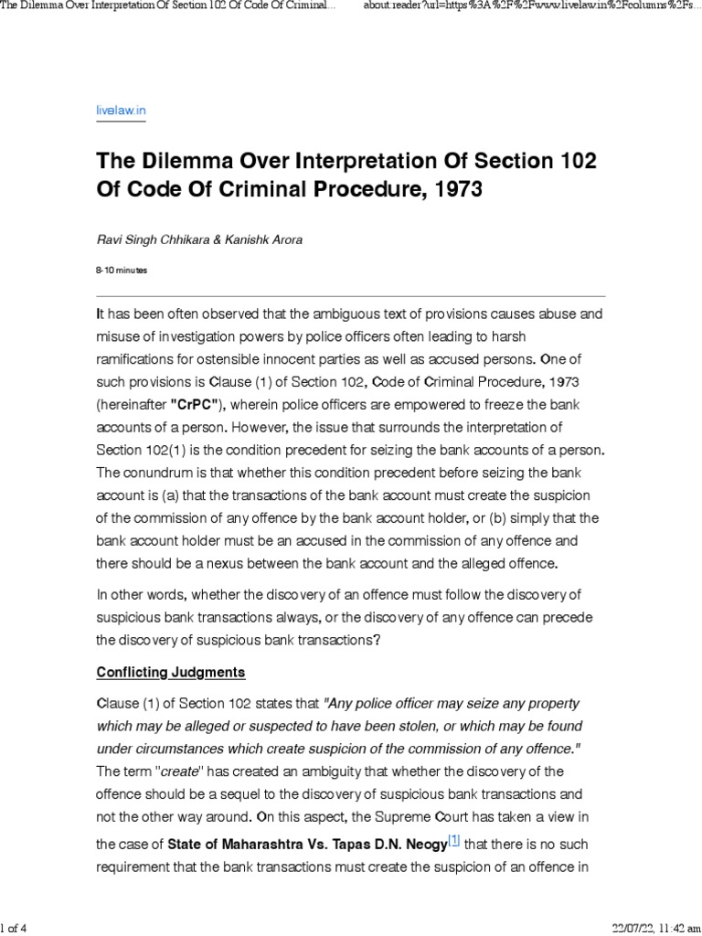 The Dilemma Over Interpretation of Section 102 of Code of Criminal