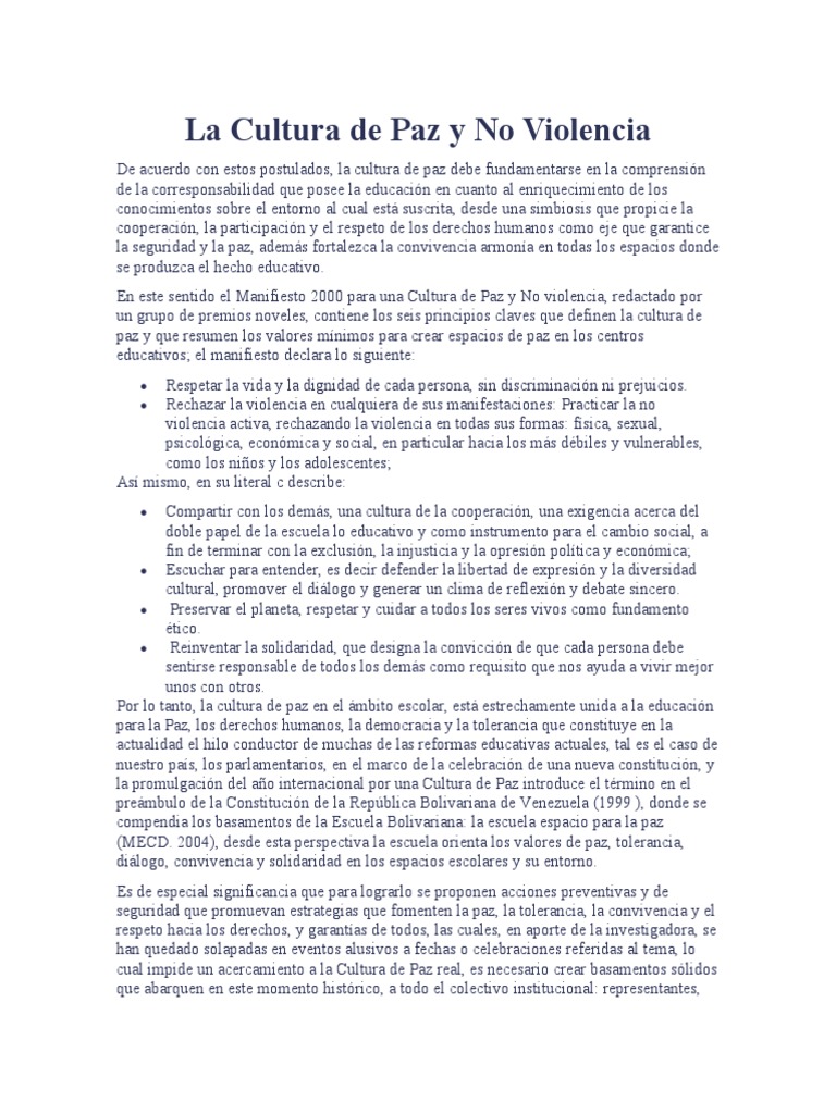 La Cultura de Paz y No Violencia | PDF | Paz | Violencia