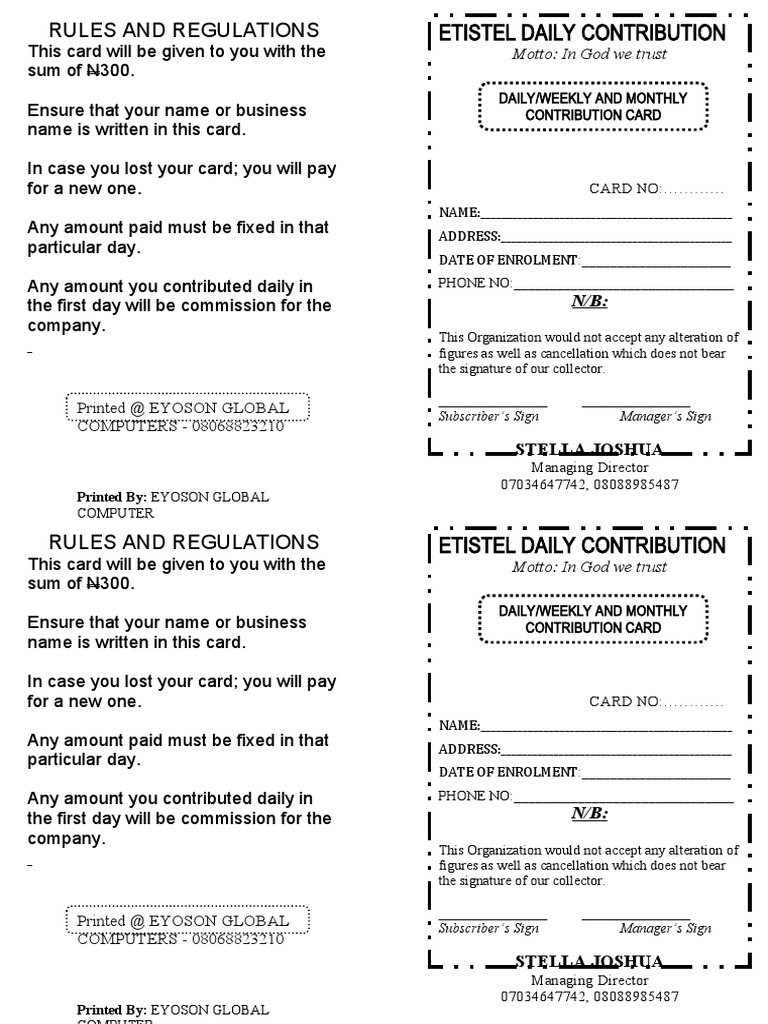 Daily Contribution Card Guidelines | PDF | Service Industries