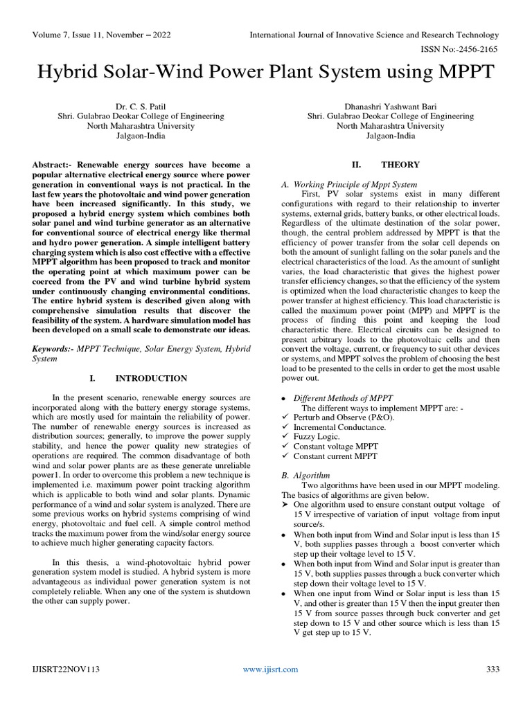 Hybrid Solar-Wind Power Plant System Using MPPT | Download Free PDF ...