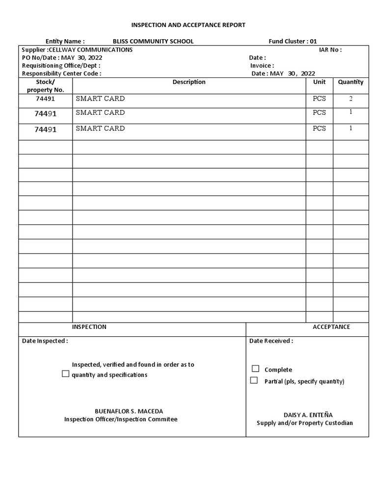 Inspection and acceptance reportcellway pdf