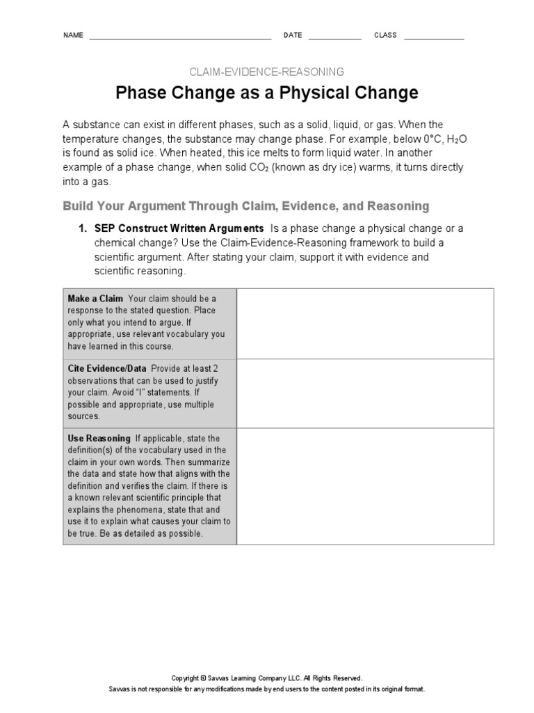 4 Students CLAIM EVIDENCE REASONING Phase Change As A Physical