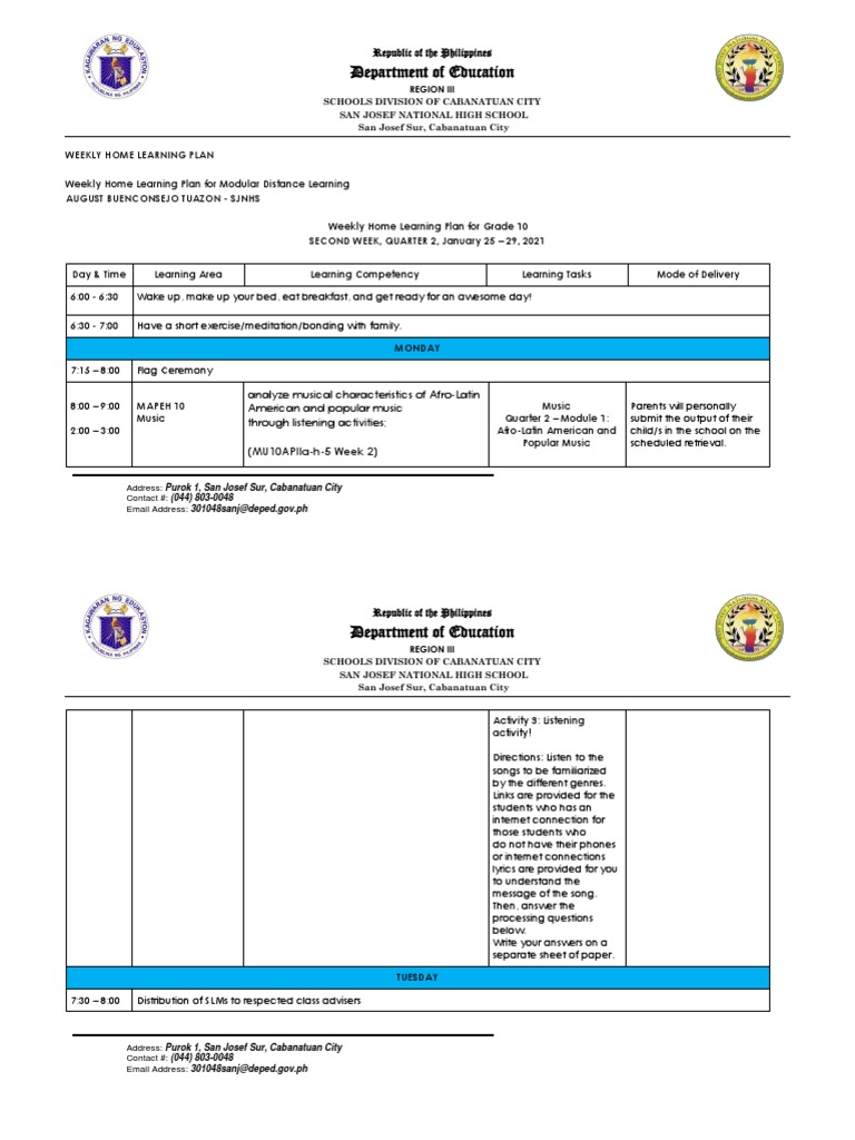Grade 10 Weekly Learning Plan | PDF | Learning | Cognition