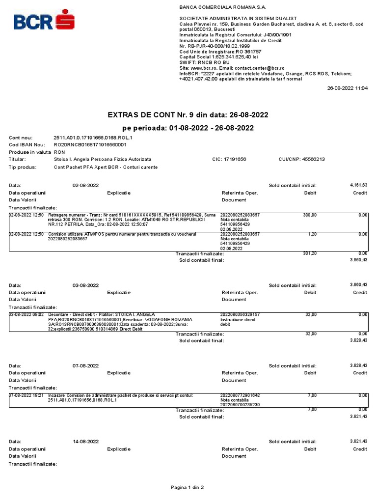 Pe Perioada: 01-08-2022 - 26-08-2022 EXTRAS DE CONT Nr. 9 Din Data: 26 ...