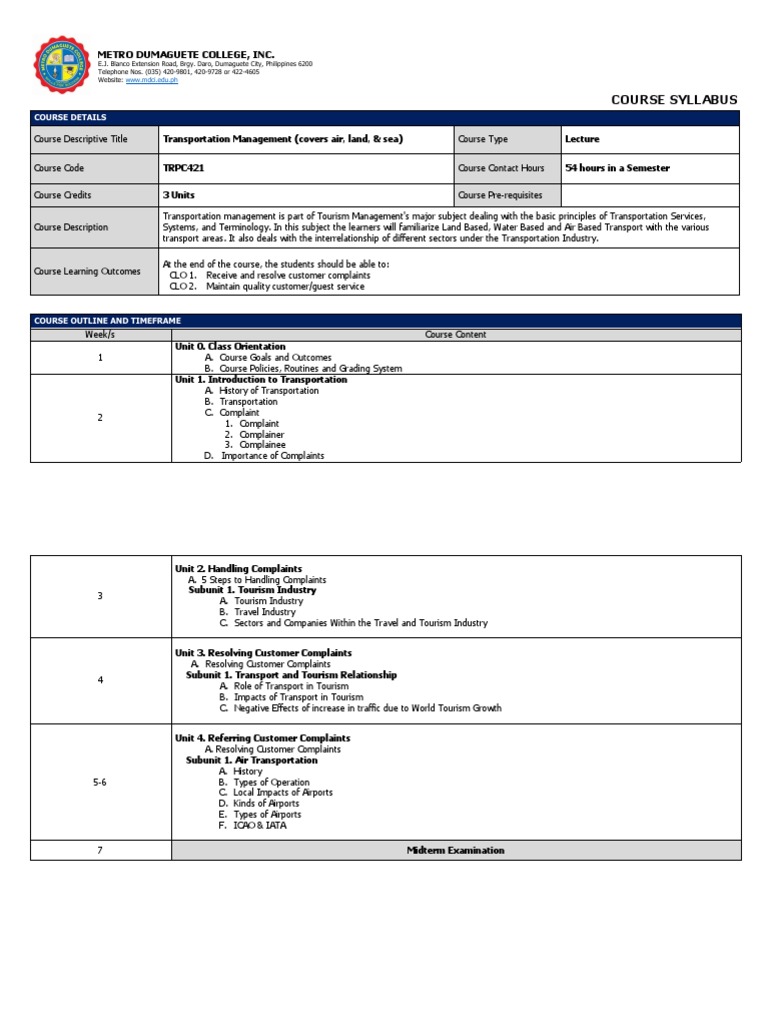 COURSE SYLLABUS (Transportation Management) PDF Tourism Transport