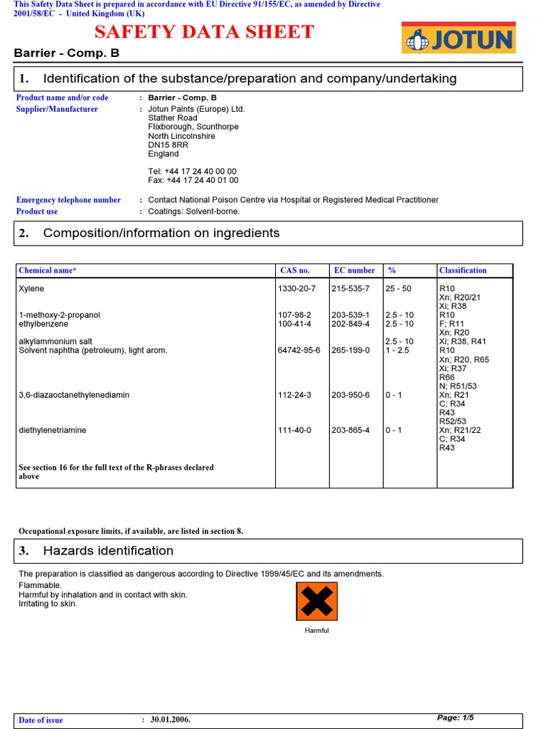 Barrier Comp. B Safety Data Sheet | PDF | Water | Personal Protective ...