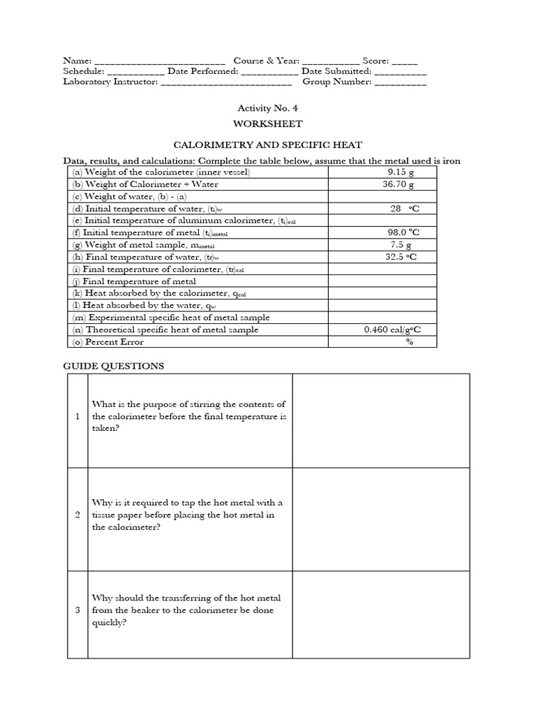 Activity 4 Calorimetry and Specific Heat Answer Sheet PDF