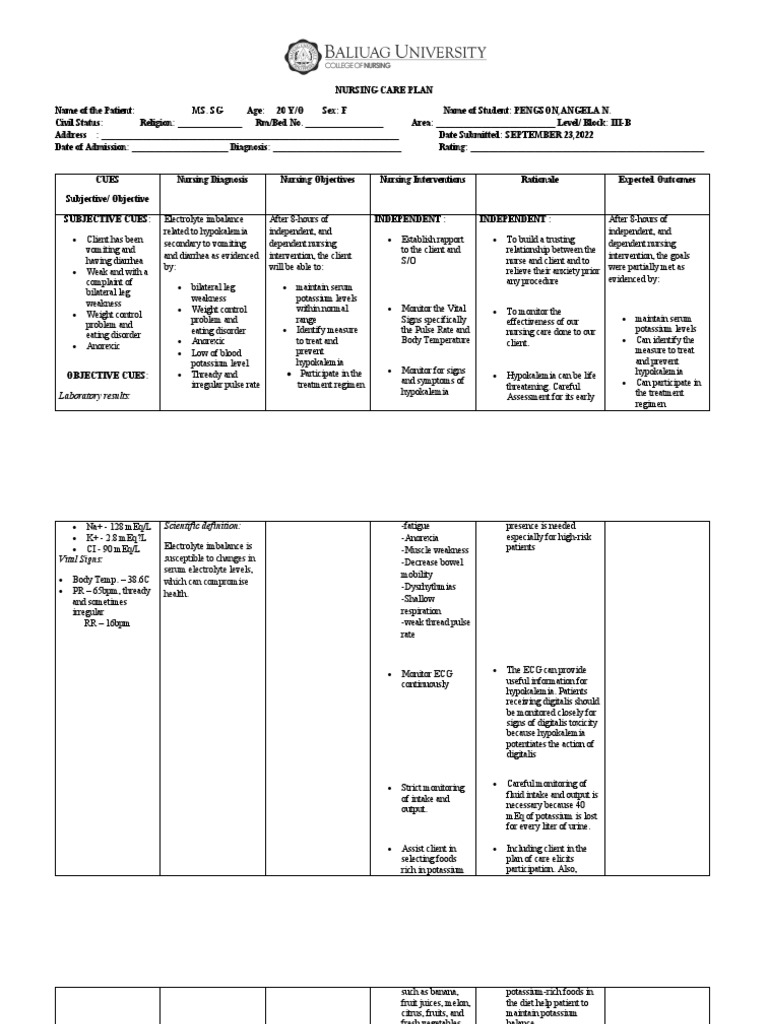 Nursing Care for Electrolyte Imbalance | PDF | Causes Of Death | Health ...