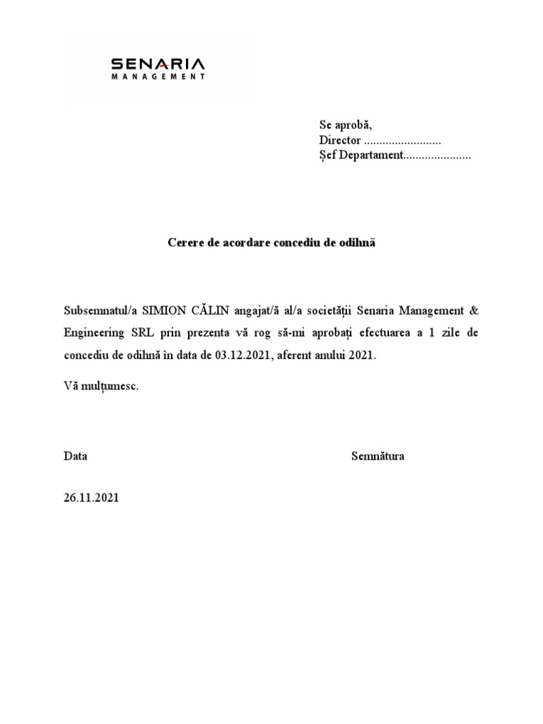Cerere Concediu de Odihna | PDF