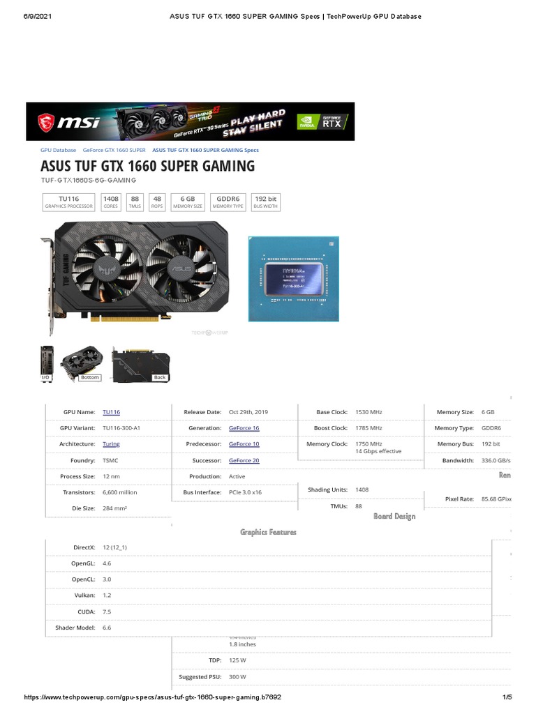 ASUS TUF GTX 1660 SUPER GAMING Specs - TechPowerUp GPU Database | PDF ...