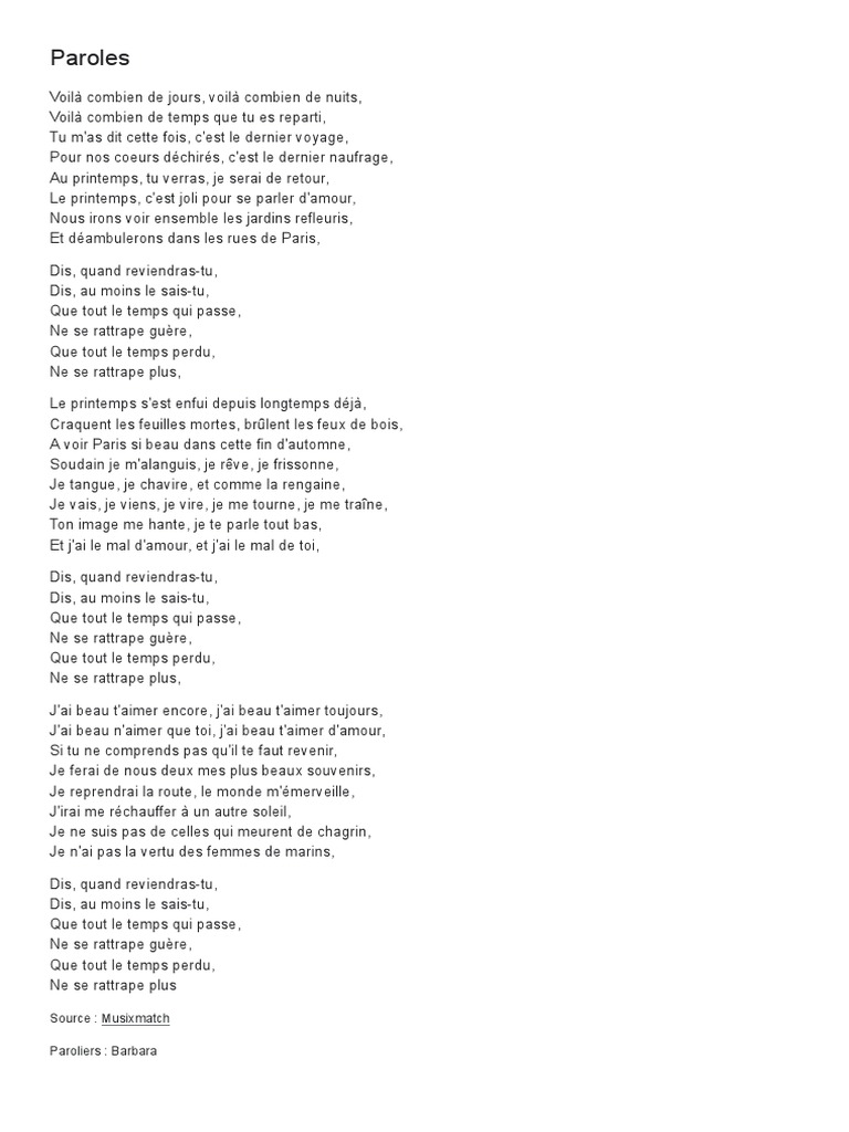 Parole Che Finiscono Con La O Barbara Dis Quand Reviendras-Tu Paroles - Recherche Google | PDF