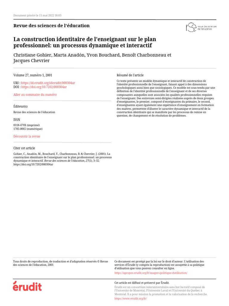 La Construction Identitaire de L'enseignant PDF