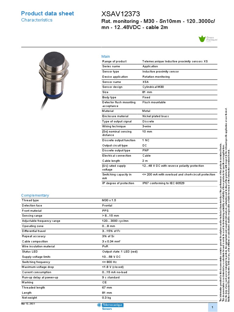 Telemecanique Inductive Proximity Sensors XS XSAV12373 Document | PDF