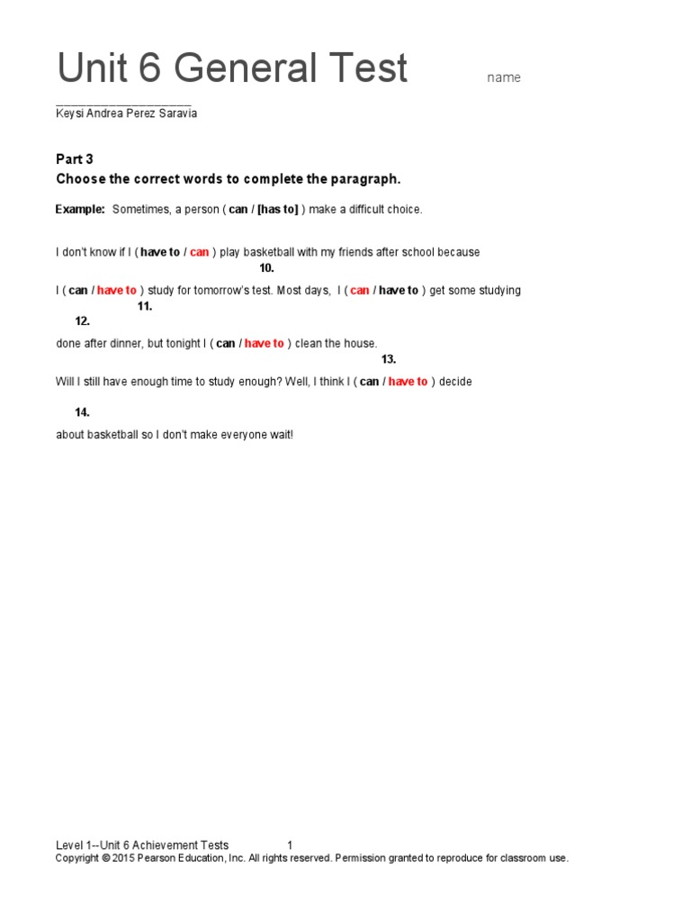 Top Notch 1 Unit 6 Assessment PDF