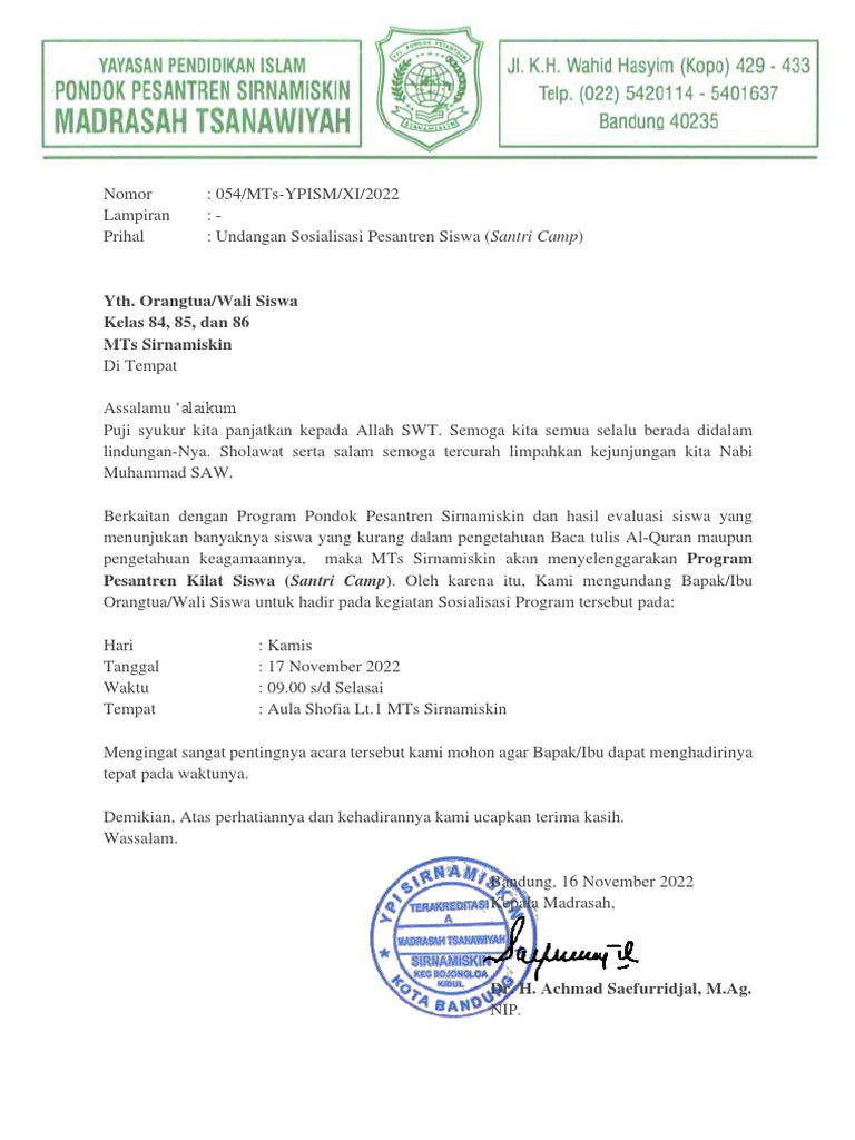 Surat Undangan Rapat Sosialisasi Pesantren Siswa - Gelombang 5 | PDF